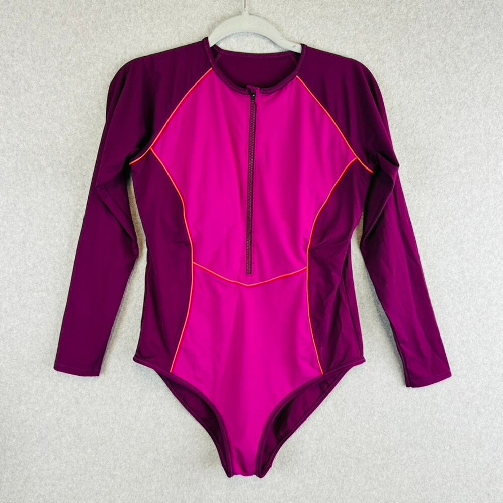 Athleta Womans Large Wavebrake One Piece Swim Suit Pink Color Block Long Sleeve - Picture 2 of 10